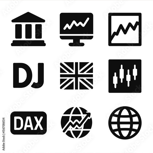 Global Market Icons. Solid, filled icon set of stock indices and exchanges: NYSE building, Nasdaq screen, S&P500 line, Dow Jones
