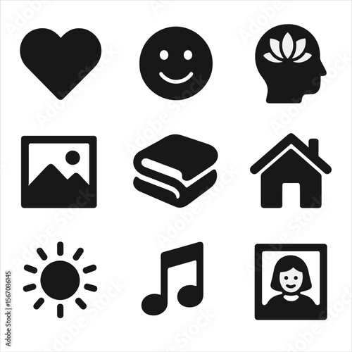 Emotional Icon Grid. Solid, filled icons set of emotional appeal in escapist ads: heart icon, smiling face,