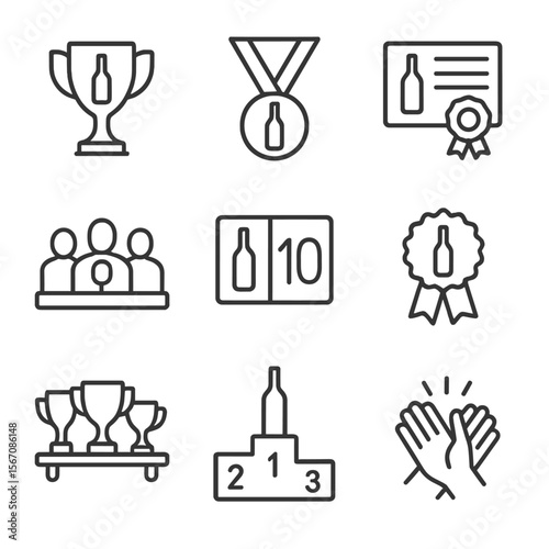 Wine Awards Icon Set. Outline icon set of wine awards: trophy cup, medal ribbon, certificate, judging panel, scorecard, winner’s