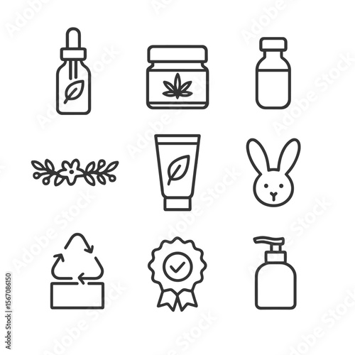 Green Cosmetic Icons. Outline icon set of green cosmetic branding: dropper bottle with leaf, herbal extract jar, essential oil