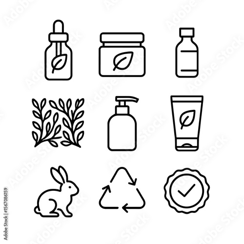 Green Cosmetic Icons. Outline icon set of green cosmetic branding: dropper bottle with leaf, herbal extract jar, essential oil