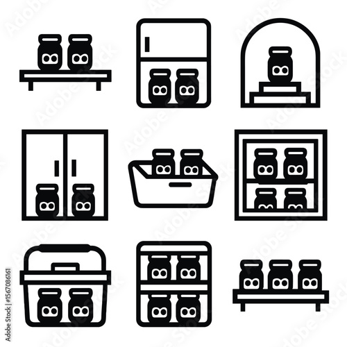 Glass Jar Icons. Solid, filled icon set of glass jar storage options: pantry shelf, refrigerator, cellar, cabinet, storage bin,