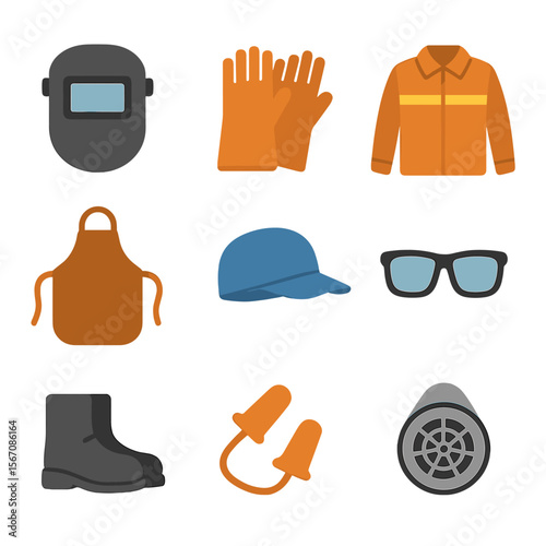 Welding Safety Gear Icons. Flat icon set of welding protection: welding helmet, welding gloves, flame-retardant jacket, leather
