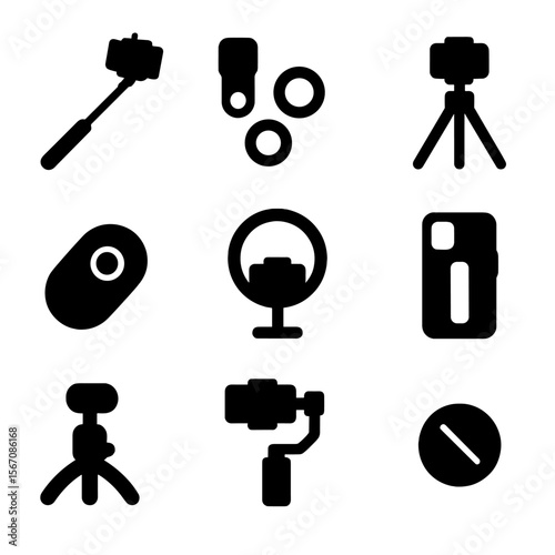 Mobile Photography Icons. Solid, filled icon set of Mobile photography accessories: selfie stick, lens kit, tripod, remote shutter