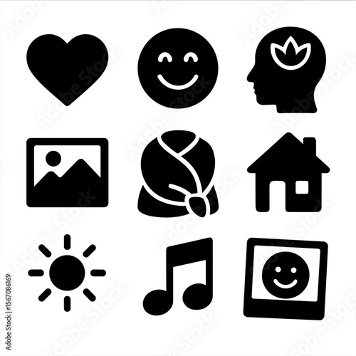 Emotional Icon Grid. Solid, filled icons set of emotional appeal in escapist ads: heart icon, smiling face,