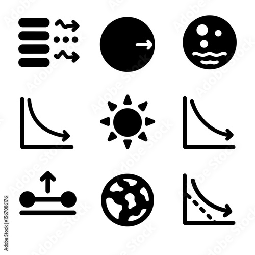 White Dwarf Icon Grid. Solid, Filled icon set of white dwarf properties: electron degeneracy, small radius, high density, cooling