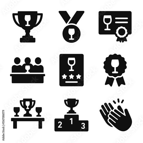 Wine Awards Icons. Solid, Filled icon set of wine awards: trophy cup, medal ribbon, certificate, judging panel, scorecard,
