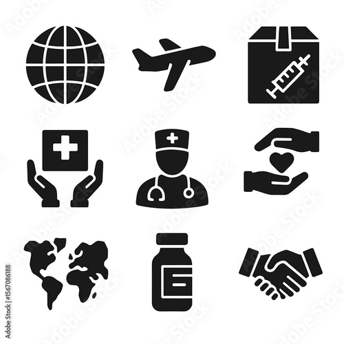 Global Vaccination Icons. Solid, filled icon set of global vaccination efforts: globe, airplane, vaccine shipment, humanitarian