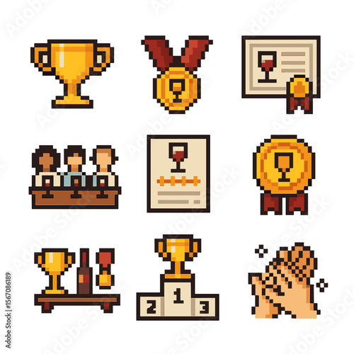 Wine Awards Icons. Pixel art icon set of wine awards: trophy cup, medal ribbon, certificate, judging panel, scorecard, winner’s
