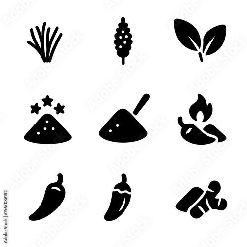 Global Spice Icons. Solid, filled icon set of global spices: saffron, sumac, za’atar, five-spice, curry powder, garam masala,