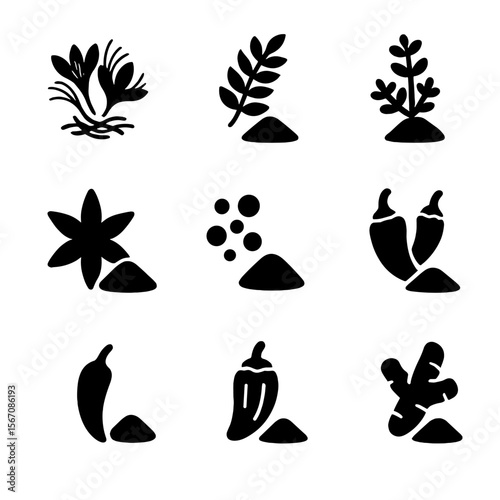 Global Spice Icons. Solid, filled icon set of global spices: saffron, sumac, za’atar, five-spice, curry powder, garam masala,