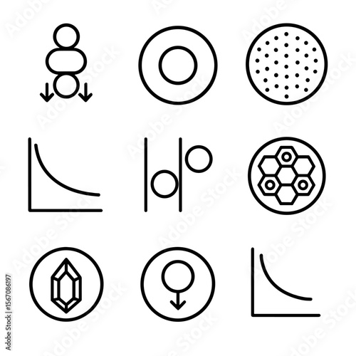 White Dwarf Icon Set. Outline icon set of white dwarf properties: electron degeneracy, small radius, high density, cooling curve,