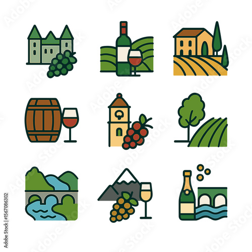 Wine Regions Icons. Flat icon set of famous wine regions: Bordeaux, Napa Valley, Tuscany, Rioja, Barossa Valley, Mosel, Mendoza,
