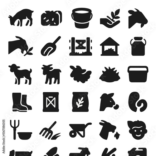 Goat Farm Icons. Solid, filled icon set of feeding goats: goat with head down, hay bale, feeding bucket, farmer hand, leafy branch