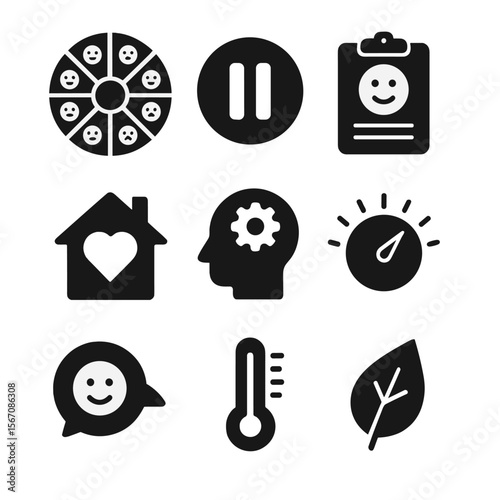 Emotional Regulation Icons. Solid, filled icons set of emotional regulation techniques: emotion wheel, pause