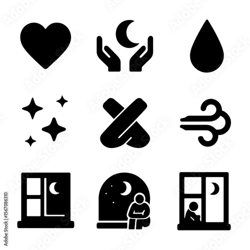Emotional Night Icons. Solid, filled icons set of emotional night views: heart silhouette, open hands at glass