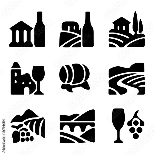Wine Regions Icons. Solid, Filled icon set of famous wine regions: Bordeaux, Napa Valley, Tuscany, Rioja, Barossa Valley, Mosel,