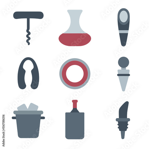 Wine Service Icons. Flat icon set of wine service tools: corkscrew, decanter, aerator, foil cutter, drip ring, bottle stopper, ice