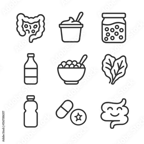 Gut Health Icons. Outline icon set of gut health and digestion support: gut diagram with microbiome, probiotic yogurt, fermented
