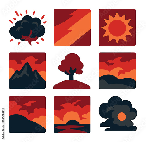 Dramatic Sky Icons. Solid, filled icons set of dramatic skies: burst cloud, sharp color line, fiery sun,