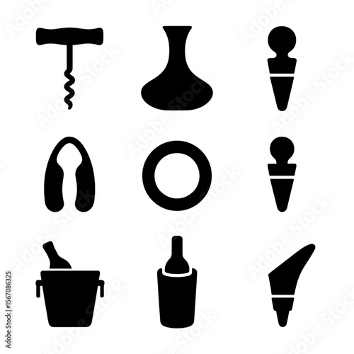 Wine Service Tools Icons. Solid, Filled icon set of wine service tools: corkscrew, decanter, aerator, foil cutter, drip ring,