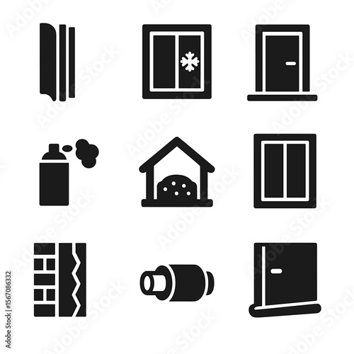 Insulation Icon Set. Solid, filled icon set of insulation and sealing: weather stripping, insulated window, door sweep, foam