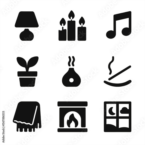 Mood Setting Icons. Solid, filled icon set of mood setting: soft lighting, candles, music notes, plants, essential oil diffuser,