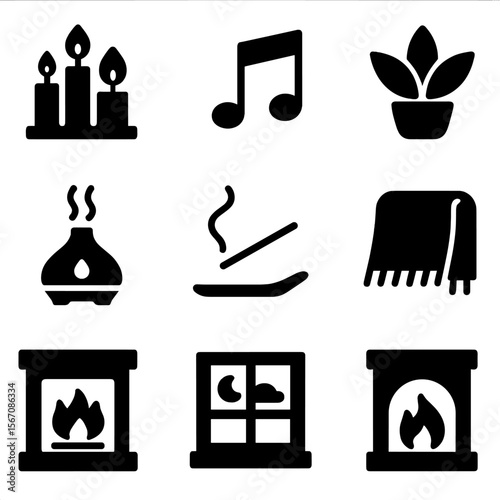 Mood Setting Icons. Solid, filled icon set of mood setting: soft lighting, candles, music notes, plants, essential oil diffuser,