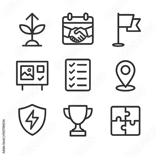 Growth Goals Icons. Outline icon set of growth mindset and shared goals: upward arrow plant, joint planning calendar, goal flag,