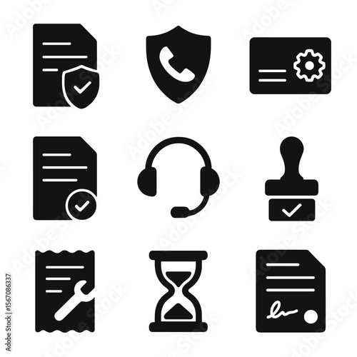 Insurance Icons Grid. Solid, filled icon set of insurance and warranty: policy document, shield with phone, warranty card, claim