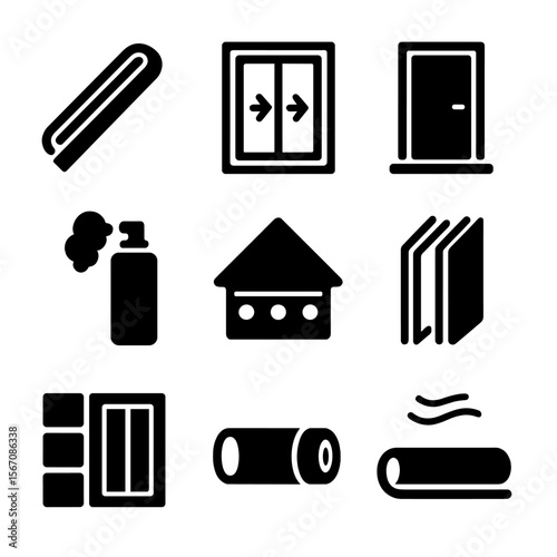 Insulation Icon Set. Solid, filled icon set of insulation and sealing: weather stripping, insulated window, door sweep, foam
