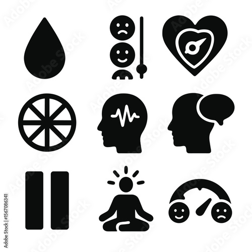 Emotional Self-Awareness Icons. Solid, filled icons set of emotional self-awareness tools: tear drop, mood