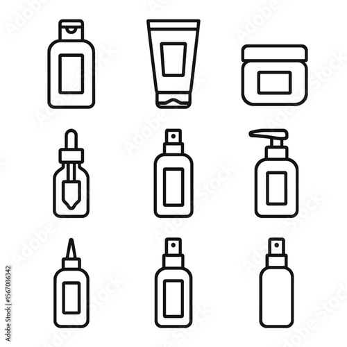 Hair Care Icons. Outline icon set of aftercut hair care products: shampoo bottle with label, conditioner tube, hair mask jar,
