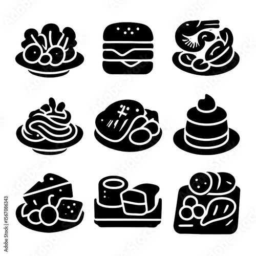 Gourmet Icon Grid. Solid, filled icon set of gourmet dishes: plated salad, gourmet burger, seafood platter, pasta dish, steak with