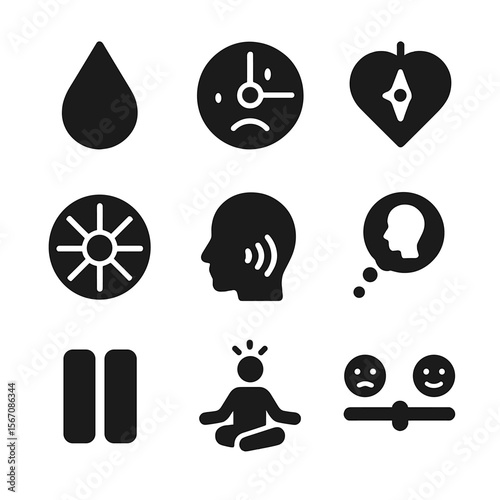 Emotional Self-Awareness Icons. Solid, filled icons set of emotional self-awareness tools: tear drop, mood