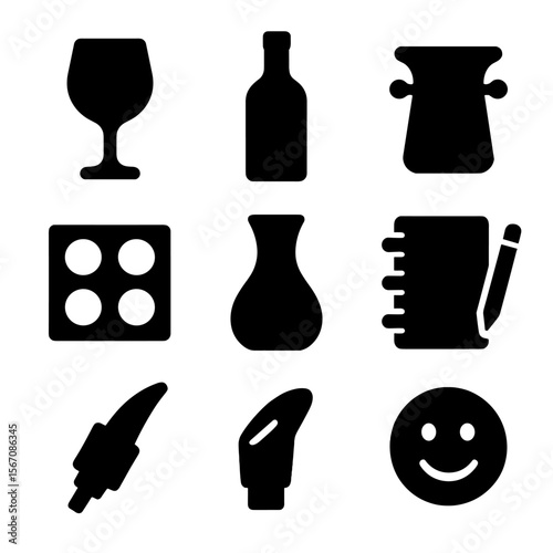 Wine Tasting Essentials. Solid, Filled icon set of wine tasting essentials: tasting glass, wine bottle, spittoon, tasting mat,
