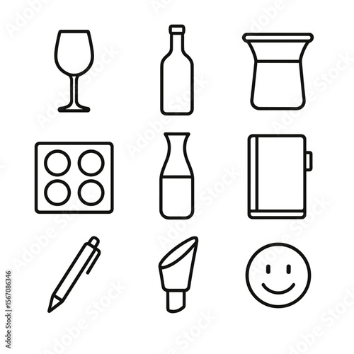 Wine Tasting Icons. Outline icon set of wine tasting essentials: tasting glass, wine bottle, spittoon, tasting mat, water carafe,