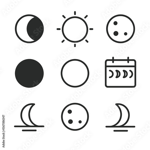 Moon Icons Set. Solid, filled icon set of moon-related celestial events: lunar eclipse, supermoon, blue moon, blood moon, new moon