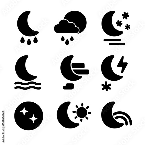 Moon Phases Icons. Solid, filled icon set of moon phases with weather elements: crescent moon with rain, full moon with clouds,