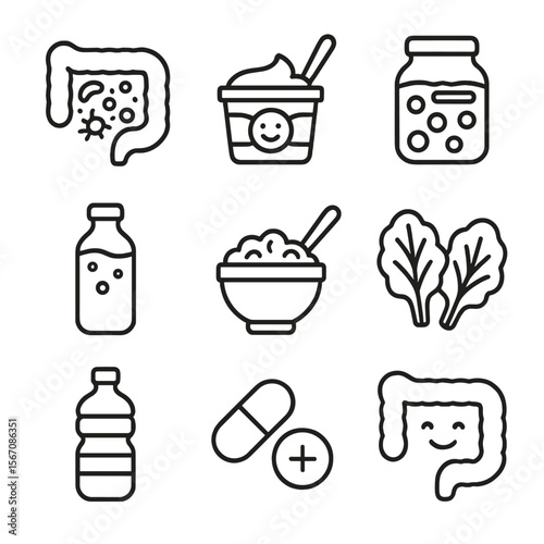 Gut Health Icons. Outline icon set of gut health and digestion support: gut diagram with microbiome, probiotic yogurt, fermented