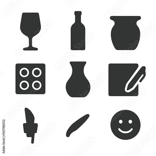 Wine Tasting Essentials. Solid, Filled icon set of wine tasting essentials: tasting glass, wine bottle, spittoon, tasting mat,