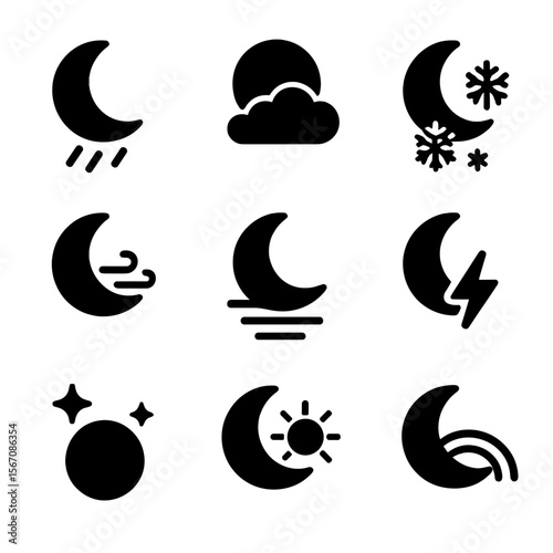 Moon Phases Icons. Solid, filled icon set of moon phases with weather elements: crescent moon with rain, full moon with clouds,