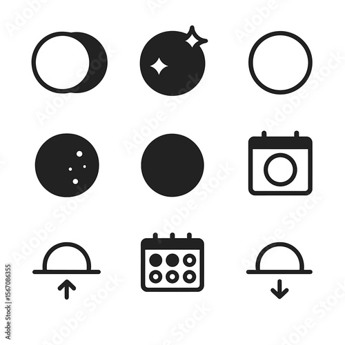 Moon Icons Set. Solid, filled icon set of moon-related celestial events: lunar eclipse, supermoon, blue moon, blood moon, new moon