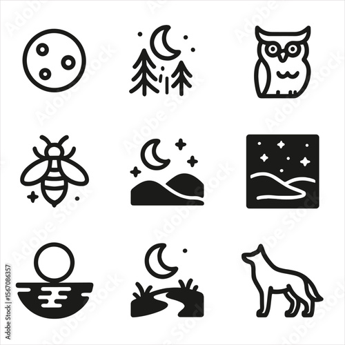 Moonlight Nature Icons. Solid, filled icon set of moonlight nature scenes: full moon, moonbeam through trees, nocturnal owl,