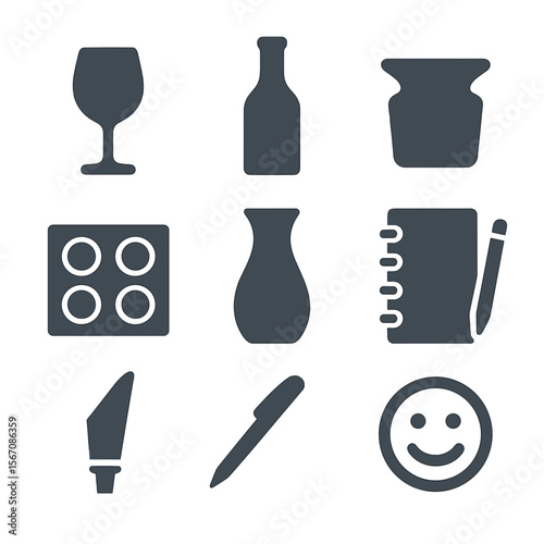 Wine Tasting Essentials. Flat icon set of wine tasting essentials: tasting glass, wine bottle, spittoon, tasting mat, water carafe