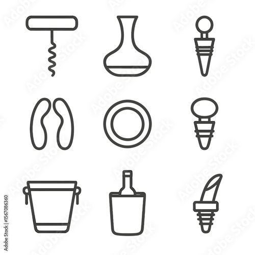 Wine Tool Icons. Outline icon set of wine service tools: corkscrew, decanter, aerator, foil cutter, drip ring, bottle stopper, ice