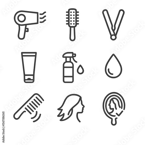 Hair Styling Icons. Outline icon set of styling and finishing after trimming: hairdryer, round brush, flat iron, styling product