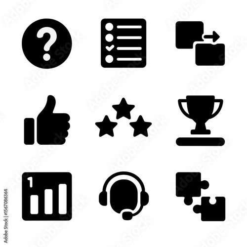 Interactive Learning Icons. Solid, filled icon set of interactive learning elements: quiz question mark, multiple choice, drag and