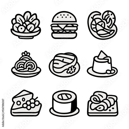 Gourmet Icon Grid. Solid, filled icon set of gourmet dishes: plated salad, gourmet burger, seafood platter, pasta dish, steak with