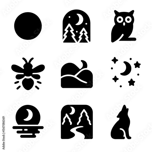 Moonlight Nature Icons. Solid, filled icon set of moonlight nature scenes: full moon, moonbeam through trees, nocturnal owl,